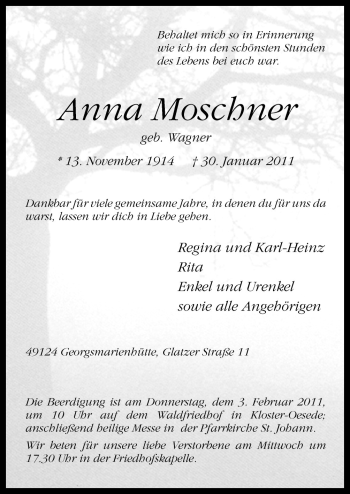 Traueranzeige von Anna Moschner von Neue Osnabrücker Zeitung GmbH & Co. KG