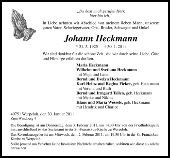 Traueranzeige von Johann Heckmann von Neue Osnabrücker Zeitung GmbH & Co. KG