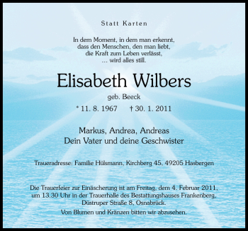 Traueranzeige von Elisabeth Wilbers von Neue Osnabrücker Zeitung GmbH & Co. KG