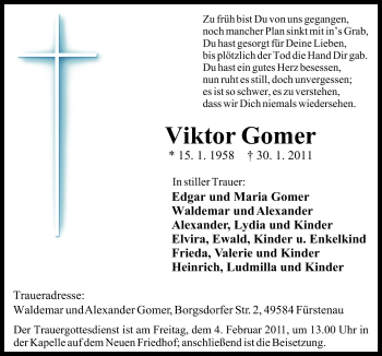 Traueranzeige von Viktor Gomer von Neue Osnabrücker Zeitung GmbH & Co. KG