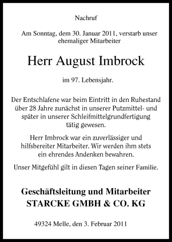 Traueranzeige von August Imbrock von Neue Osnabrücker Zeitung GmbH & Co. KG