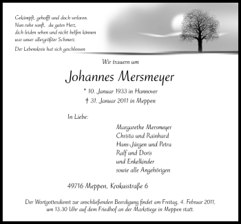 Traueranzeige von Johannes Mersemeyer von Neue Osnabrücker Zeitung GmbH & Co. KG