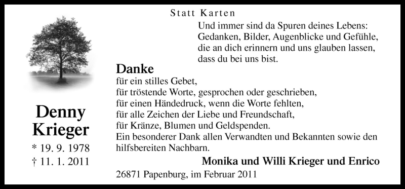 Traueranzeige für Denny Krieger vom 05.02.2011 aus Neue Osnabrücker Zeitung GmbH & Co. KG