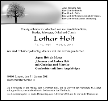 Traueranzeige von Lothar Holt von Neue Osnabrücker Zeitung GmbH & Co. KG