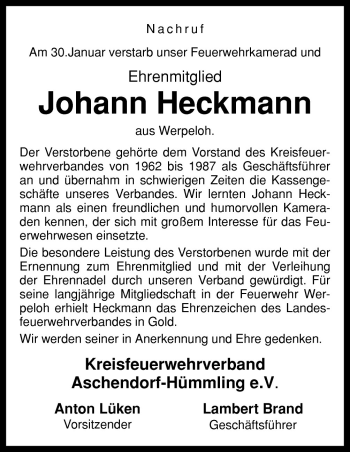 Traueranzeige von Johann Heckmann von Neue Osnabrücker Zeitung GmbH & Co. KG
