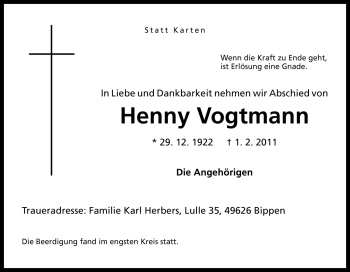 Traueranzeige von Henny Vogtmann von Neue Osnabrücker Zeitung GmbH & Co. KG