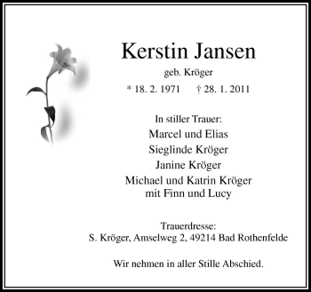 Traueranzeige von Kerstin Jansen von Neue Osnabrücker Zeitung GmbH & Co. KG