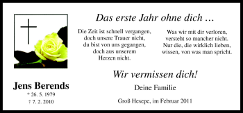 Traueranzeige von Jens Berends von Neue Osnabrücker Zeitung GmbH & Co. KG
