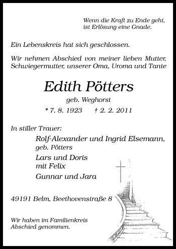 Traueranzeige von Edith Pötters von Neue Osnabrücker Zeitung GmbH & Co. KG