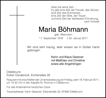 Traueranzeige von Maria Böhmann von Neue Osnabrücker Zeitung GmbH & Co. KG