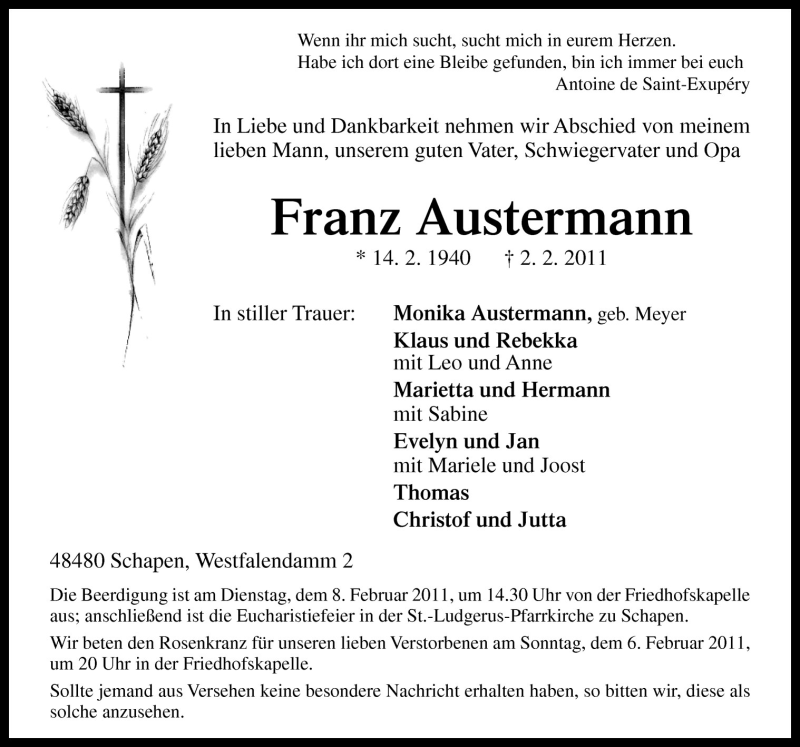  Traueranzeige für Franz Austermann vom 05.02.2011 aus Neue Osnabrücker Zeitung GmbH & Co. KG