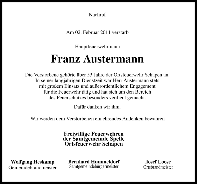  Traueranzeige für Franz Austermann vom 07.02.2011 aus Neue Osnabrücker Zeitung GmbH & Co. KG