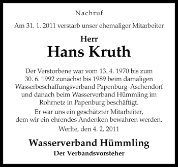 Traueranzeige von Hans Kruth von Neue Osnabrücker Zeitung GmbH & Co. KG