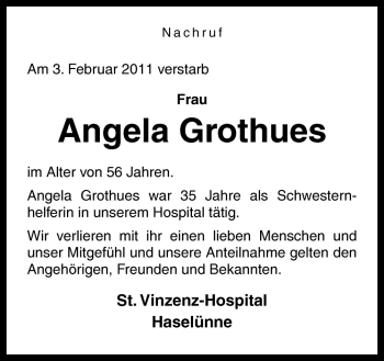 Traueranzeige von Angela Grothues von Neue Osnabrücker Zeitung GmbH & Co. KG