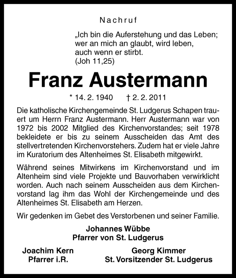  Traueranzeige für Franz Austermann vom 07.02.2011 aus Neue Osnabrücker Zeitung GmbH & Co. KG
