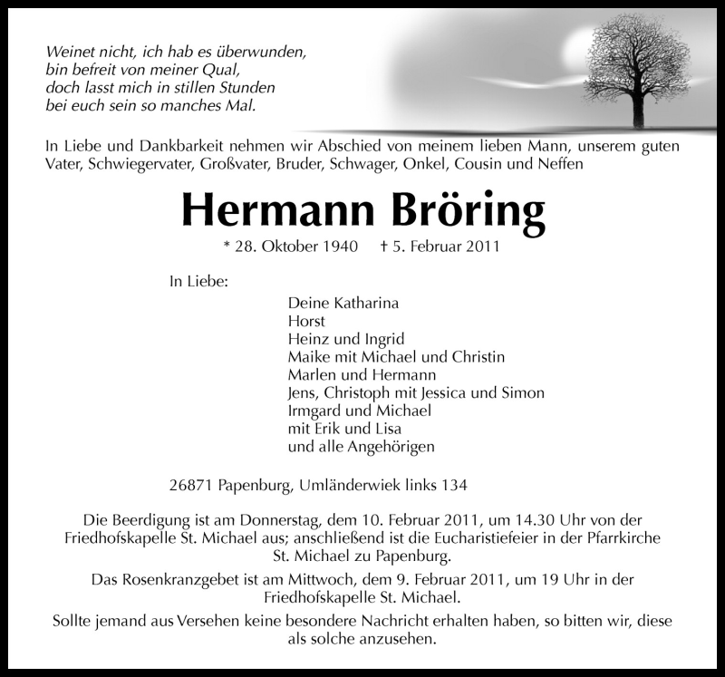  Traueranzeige für Hermann Bröring vom 07.02.2011 aus Neue Osnabrücker Zeitung GmbH & Co. KG
