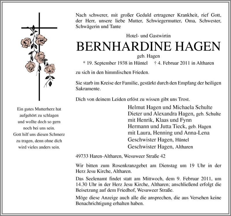  Traueranzeige für Bernhardine Hagen vom 07.02.2011 aus Neue Osnabrücker Zeitung GmbH & Co. KG