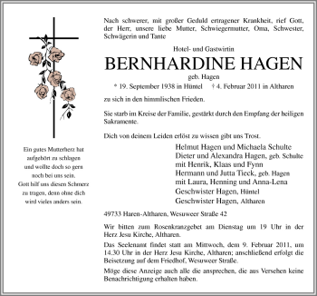 Traueranzeige von Bernhardine Hagen von Neue Osnabrücker Zeitung GmbH & Co. KG