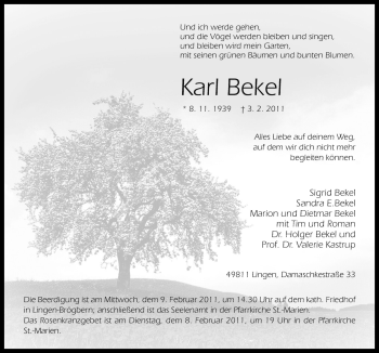 Traueranzeige von Karl Bekel von Neue Osnabrücker Zeitung GmbH & Co. KG