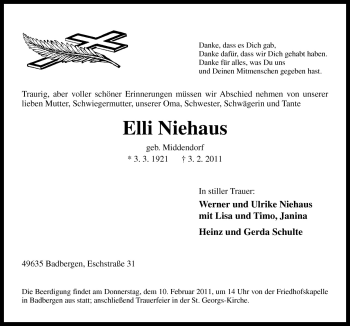 Traueranzeige von Elli Niehaus von Neue Osnabrücker Zeitung GmbH & Co. KG