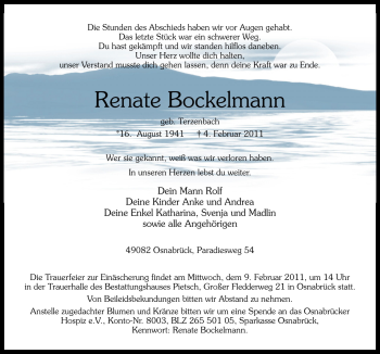 Traueranzeige von Renate Bockelmann von Neue Osnabrücker Zeitung GmbH & Co. KG