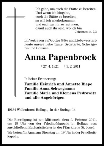 Traueranzeige von Anna Papenbrock von Neue Osnabrücker Zeitung GmbH & Co. KG