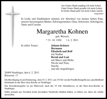 Traueranzeige von Margaretha Kohnen von Neue Osnabrücker Zeitung GmbH & Co. KG