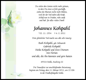 Traueranzeige von Johannes Kohpahl von Neue Osnabrücker Zeitung GmbH & Co. KG