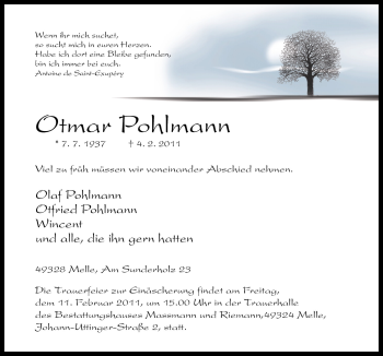 Traueranzeige von Otmar Pohlmann von Neue Osnabrücker Zeitung GmbH & Co. KG