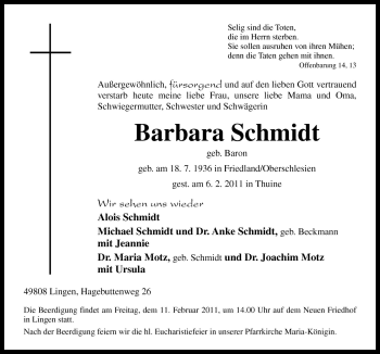 Traueranzeige von Barbara Schmidt von Neue Osnabrücker Zeitung GmbH & Co. KG
