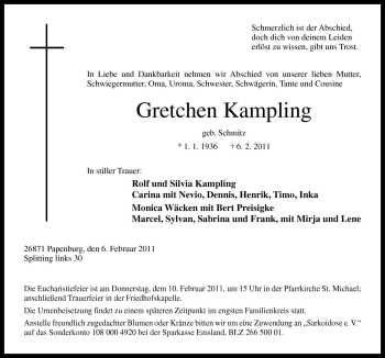 Traueranzeige von Gretchen Kampling von Neue Osnabrücker Zeitung GmbH & Co. KG