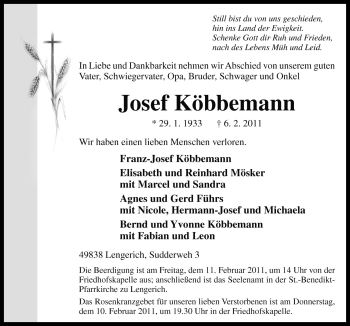 Traueranzeige von Josef Köbbemann von Neue Osnabrücker Zeitung GmbH & Co. KG