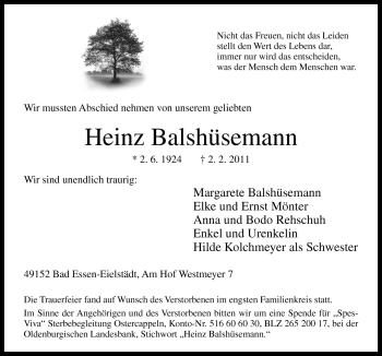 Traueranzeige von Heinz Balshüsemann von Neue Osnabrücker Zeitung GmbH & Co. KG