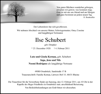 Traueranzeige von Ilse Schubert von Neue Osnabrücker Zeitung GmbH & Co. KG