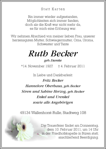 Traueranzeige von Ruth Becker von Neue Osnabrücker Zeitung GmbH & Co. KG