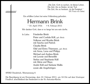 Traueranzeige von Hermann Brink von Neue Osnabrücker Zeitung GmbH & Co. KG