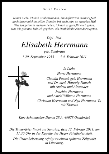 Traueranzeige von Elisabeth Herrmann von Neue Osnabrücker Zeitung GmbH & Co. KG