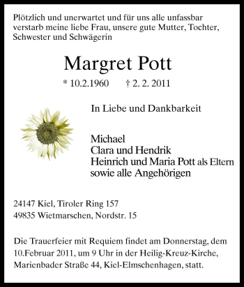 Traueranzeige von Margret Pott von Neue Osnabrücker Zeitung GmbH & Co. KG