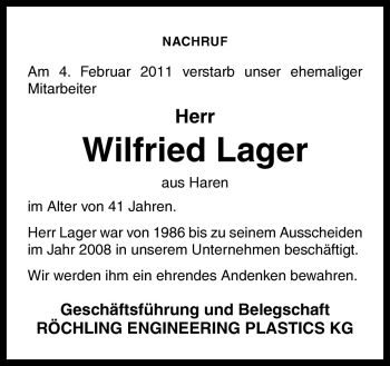 Traueranzeige von Wilfried Lager von Neue Osnabrücker Zeitung GmbH & Co. KG