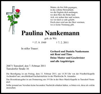 Traueranzeige von Paulina Nankemann von Neue Osnabrücker Zeitung GmbH & Co. KG