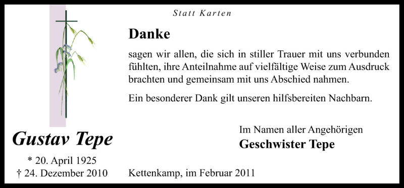  Traueranzeige für Gustav Tepe vom 09.02.2011 aus Neue Osnabrücker Zeitung GmbH & Co. KG