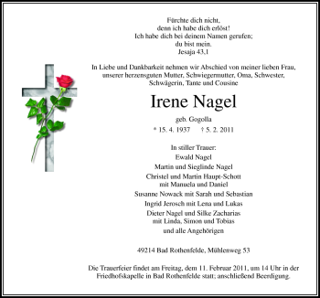Traueranzeige von Irene Nagel von Neue Osnabrücker Zeitung GmbH & Co. KG