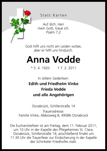 Traueranzeige von Anna Vodde von Neue Osnabrücker Zeitung GmbH & Co. KG