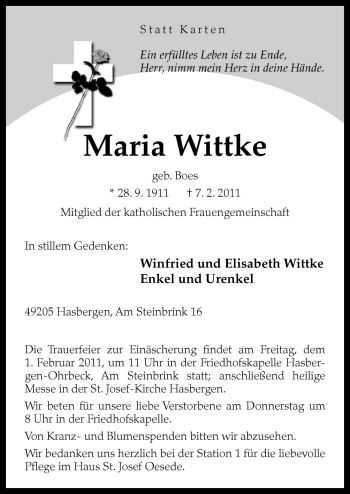 Traueranzeige von Maria Wittke von Neue Osnabrücker Zeitung GmbH & Co. KG