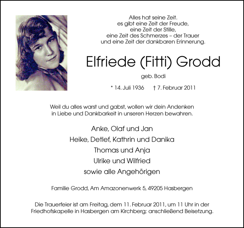  Traueranzeige für Elfriede Grodd vom 09.02.2011 aus Neue Osnabrücker Zeitung GmbH & Co. KG