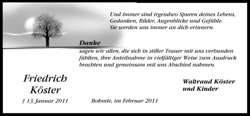  Traueranzeige für Friedrich Köster vom 12.02.2011 aus Neue Osnabrücker Zeitung GmbH & Co. KG