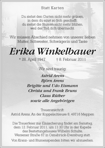 Traueranzeige von Erika Winkelbauer von Neue Osnabrücker Zeitung GmbH & Co. KG