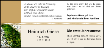 Traueranzeige von Heinrich Giese von Neue Osnabrücker Zeitung GmbH & Co. KG
