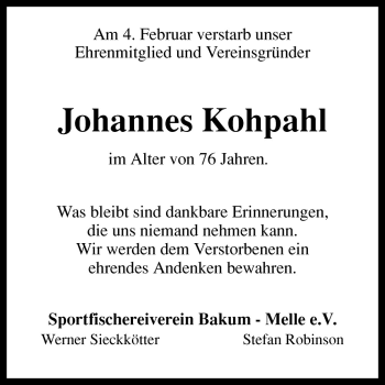 Traueranzeige von Johannes Kohpahl von Neue Osnabrücker Zeitung GmbH & Co. KG