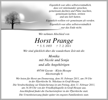 Traueranzeige von Horst Prange von Neue Osnabrücker Zeitung GmbH & Co. KG